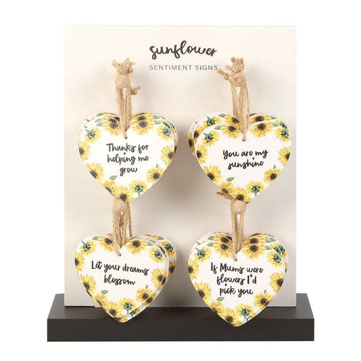Set of 24 Sunflower Heart Sentiment Signs on Display