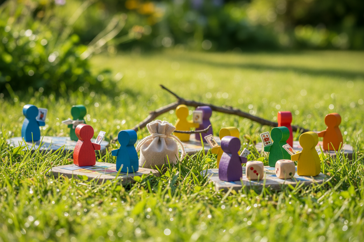 Meeples playing board game on grass